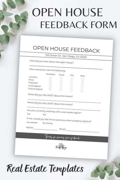 Real Estate Open House Feedback Form | PDF & Editable Template, Realtor Marketing, Forms, Printables Open House Feedback Form Real Estate, Open House Flyer Ideas, Open House Sign Ideas, Open House Ideas Real Estate Set Up, Open House Feedback Form, Realtor Open House, Rent Receipt, Open House Flyer, Real Estate Contract