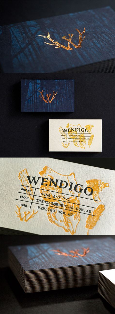 The name of this film studio is "Wendigo" which refers to a half-human monster of myth and fable. Rich Background, Desain Merek, Cv Inspiration, Foil Letterpress, Buisness Cards, Beautiful Business Card, Letterpress Business Cards, Name Card Design, Cars Design