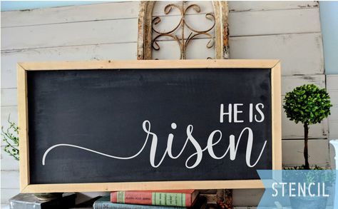 Signs Spiritual, Spring Chalkboard Art, Thanksgiving Vinyl, Easter Decals, Spring Chalkboard, Fall Decal, Easter Chalkboard, He Is Risen Easter, Chalkboard Decor