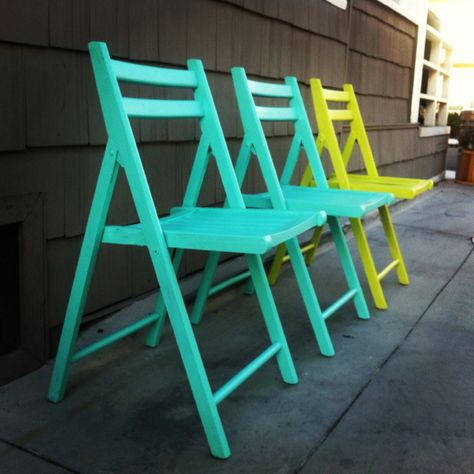 Painted folding chairs. Behr : Magestic Mint & Green Grape Painted School Chairs Ideas, Spray Paint Folding Chairs, Colorful Wooden Chairs, Painted Classroom Chair, Painted Folding Chairs Wooden, Painted Folding Chairs, Orange Accent Chair, Small Table And Chairs, Fur Chair