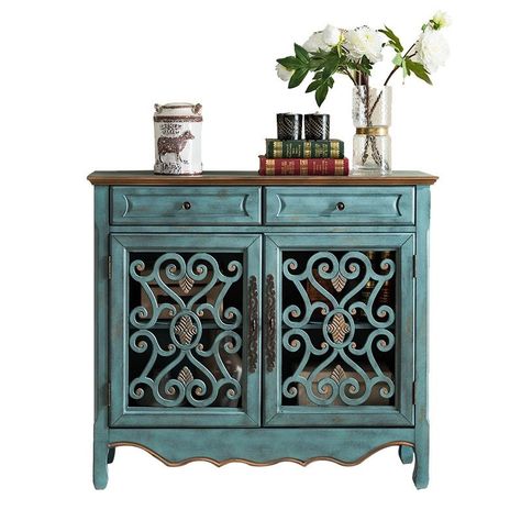 Farmhouse Distressed Blue 2 Door Accent Cabinet with Drawers & Storage Shelves Buffet Sideboard Solid Wood Buffet Cabinets, Cabinets Design, Cabinet With Drawers, Painted Sideboard, Door Accent Cabinet, Rusty Nail, Rustic Cabinets, Buffet Sideboard, Solid Wood Sideboard