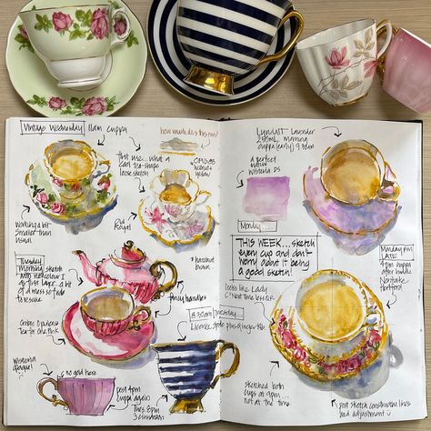 No-pressure teacup sketching - Liz Steel : Liz Steel Watercolor Teacup, Tea Cup Drawing, Liz Steel, Botanical Sketchbook, Bullet Art, Whimsical Art Journal, Travel Art Journal, Watercolor Art Journal, Animation Art Sketches