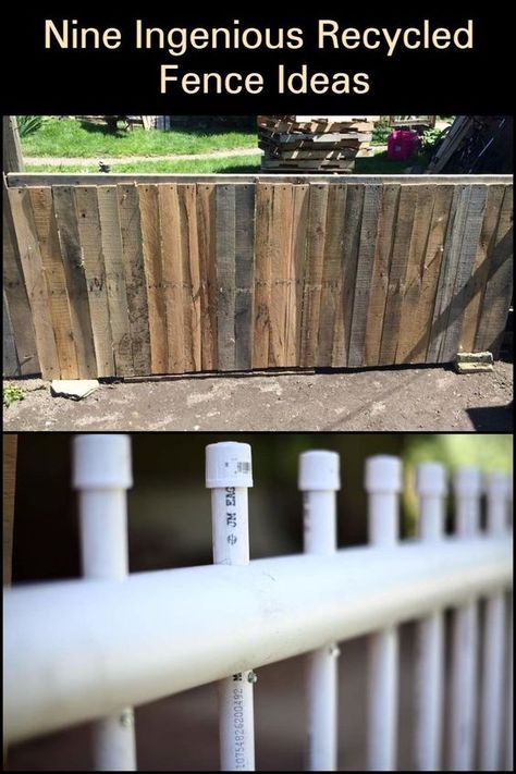 Get recycling ideas for building your fence! Diy Pvc Fence Ideas, Diy Short Fence Ideas Cheap, Fences From Pallets, Upcycled Fence Ideas, Diy Garden Fencing Ideas Cheap, Garden Wood Fence Ideas, Reuse Fence Panels, Easy Pallet Fence, What To Do With Old Fence Boards