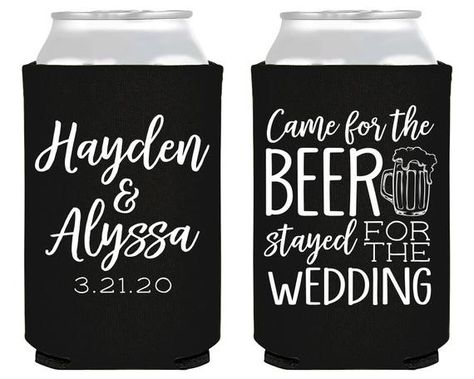 Beer Wedding Favors, Funny Wedding Can Koozie Ideas, Wedding Beer Coozies, Wedding Stubby Holders, Wedding Favor Signs For Koozies, Wedding Beer Koozie Sayings, Personalized Wedding Can Coolers, Champagne Toasting Flutes, Beer Wedding