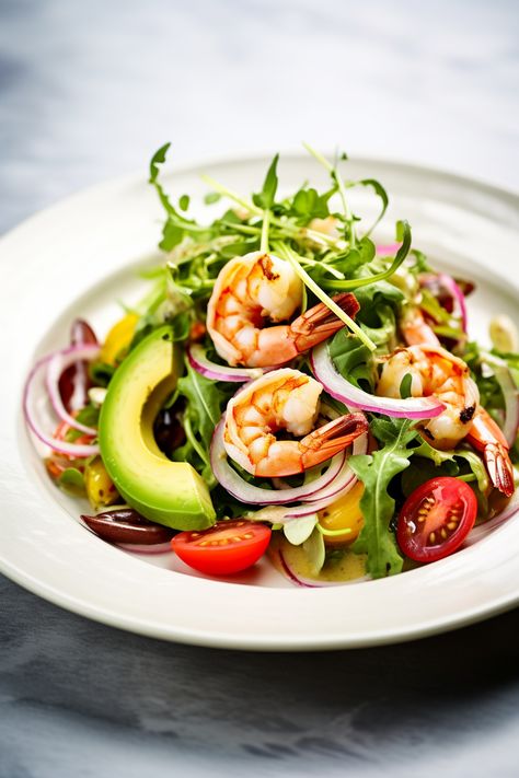 Savor Summer: Fresh Ibizan Prawn and Avocado Salad with Zesty Orange Vinaigrette Recipe #mediterraneandiet Prawn Recipes Healthy, Prawn Salad Dressing, Prawn Salad Recipe Dinners, Prawn Avocado Stack, Prawns Salad, Prawn And Mango Salad, Prawn And Avocado Salad, Salad Design, Salad Shop