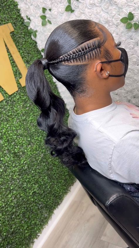 Mid Part Ponytail Sleek, Braided One Ponytail, Braided Ponytail Black Hair, Pony Hairstyle, Invisible Ponytail, Long Ponytail Hairstyles, Baddie Hair, Natural Hair Wedding, Slick Ponytail