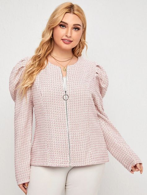 Plus Leg-of-mutton Sleeve O-ring Zipper Plaid Tweed Jacket | SHEIN USA Leg O Mutton Sleeve, Mutton Sleeve, Plus Size Jackets, Leg Of Mutton Sleeve, Tweed Jacket, O Ring, Bell Sleeve Top, Long Sleeve Blouse, Plaid