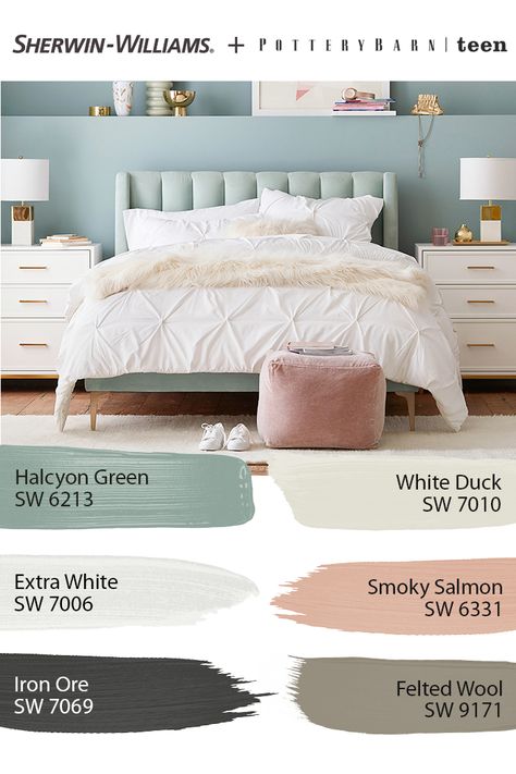 Find Sherwin-Williams paint colors that are perfect for your teenager's bedroom! To get your DIY painting project started, tap this pin to explore the entire @potterybarnteen Spring/Summer 2020 palette.  #sherwinwilliams #potterybarn #potterybarnteen #lovemypbteen #bedroom #decor #design #paintinspo #diy Teenage Girl Bedroom Color Schemes, Room Paint Colors Bedroom, Teen Room Colors, Halcyon Green, Girls Room Paint Colors, Girls Bedroom Paint Colors, Girls Bedroom Color Schemes, Teen Bedroom Colors, Girls Bedroom Paint