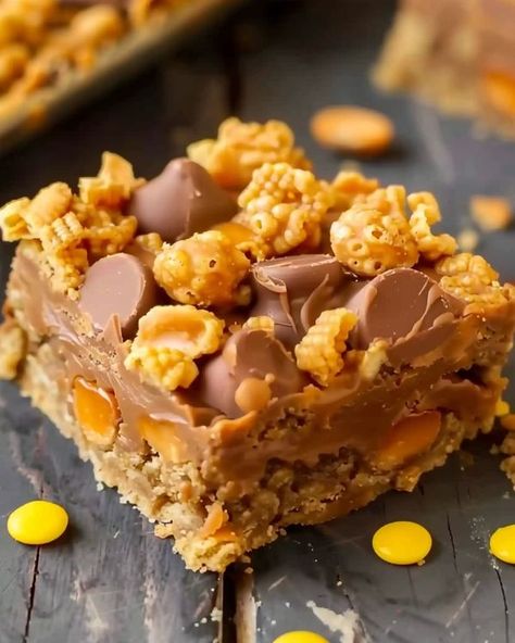 Recipes Trends | Reese's Peanut Butter Captain Crunch Bars | Facebook Captain Crunch Bars, Peanut Butter Captain Crunch, Captain Crunch Cereal, Captain Crunch, Crunch Bars, Crunch Cereal, Crunch Bar, No Bake Bars, Reeses Peanut Butter