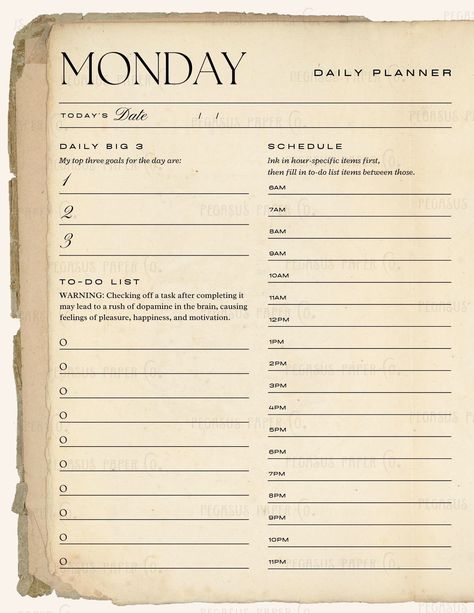 "Weekly Printable Planner Pages This vintage weekly planner printable is formatted for US Letter paper.  It contains a page with room for planning notes for the week, Monday through Sunday planner pages, and both lined and unlined note pages.  You also get a bonus decorative Pegasus Paper Co. notes page. Each weekly planner page has a place to record your top 3 goals for the day, a to-do list, and a 6 AM to 11 PM hourly schedule. 273 PPI, US Letter size. FOR A FULL PAGE PLANNER: You can print it Planner Handwriting, Retro Planner, Agenda Vintage, Vintage Planner, Vintage Academia, Book Junk Journal, Journal Style, Hourly Schedule, Planner Vintage