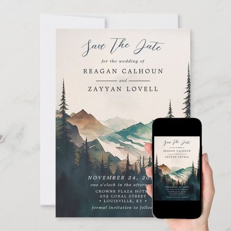 Watercolor Mountain Pine Forest Save The Date Card Zazzle Pine Forest Wedding, Watercolor Pine Tree, Forest Wedding Invitations, Tree Mountain, Mountain Wedding Invitations, Script Wedding Invitations, Wedding Anniversary Invitations, Acrylic Wedding Invitations, Calligraphy Wedding Invitation