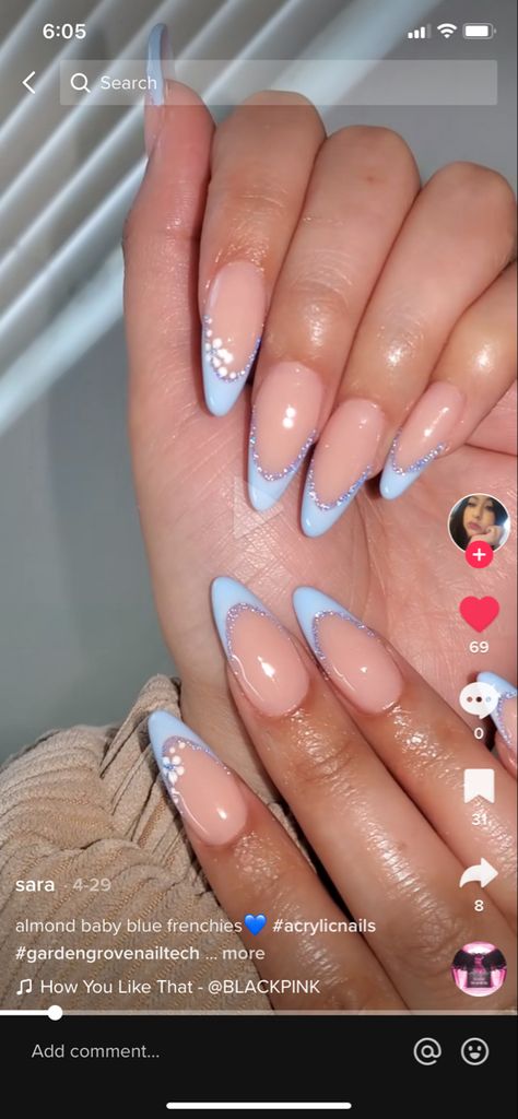 Pastel Blue Almond Acrylic Nails, Nail For Blue Dress, Homecoming Nail Ideas Almond, Blue Glitter French Tip Nails Almond, Blue Nail Inspo Acrylic Almond, Light Blue Dress Nail Ideas, Nails That Match Blue Dress, Baby Blue Almond Nails Designs, Baby Blue French Tip Nails Almond