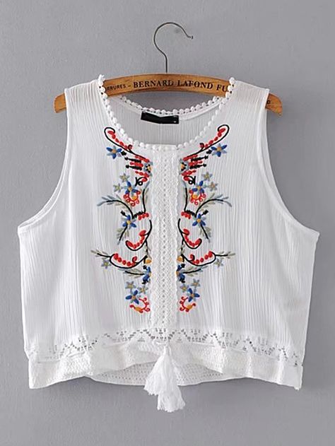 Shop Contrast Lace Embroidery Sleeveless Top online. SheIn offers Contrast Lace Embroidery Sleeveless Top & more to fit your fashionable needs. Blouse Designs Embroidery, Embroidery Shirts, Forever 21 Outfits, Embroidered Tops, Tops For Ladies, Lace Sleeve Top, Embroidered Crop Tops, Embroidery Top, Womens Sleeveless Tops