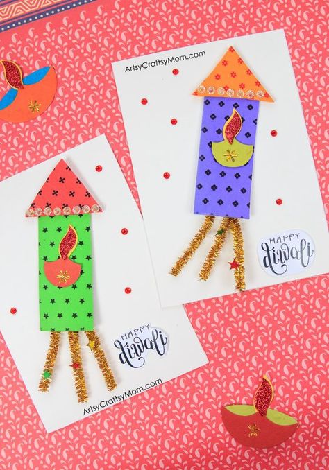 If you're looking for easy Diwali card ideas, we have the best 15+ DIY Diwali card ideas for kids - Kandils, crackers, lamps & more. Be inspired.. Diy Diwali Cards, Diwali Card Making, Diwali Craft For Children, Diwali For Kids, Diwali Fireworks, Diwali Ideas, Diwali Activities, Diwali Card, Diwali Drawing