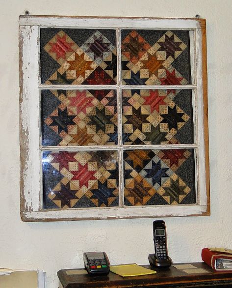 Frame Quilt Blocks with An Old Window - Quilting Digest Framing Quilts, Framing Quilt Blocks, Quilt Pictures Ideas, Framed Quilt Blocks, Repurposed Windows, Old Window Frame, Window Crafts, Quilt Display, Fabric Cards