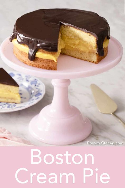 This Boston cream pie is a classic American Cake, not pie, made with tender vanilla sponge cake filled with silky vanilla pastry cream all topped by chocolate ganache. Preppy Kitchen Recipes, Vanilla Pastry Cream, Red Velvet Cakes, Sponge Cake Filling, Modern Honey, Baking Soda Face Mask, Velvet Cakes, Baking Soda Face, American Cake