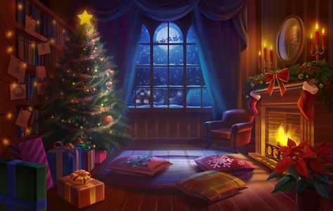 Christmas Art Background, Christmas Game Background, Christmas Room Illustration, Christmas Living Room Illustration, Dark Christmas Background, Background Natal Landscape, Anime Christmas Background, Christmas Background Drawing, Christmas Living Room Aesthetic