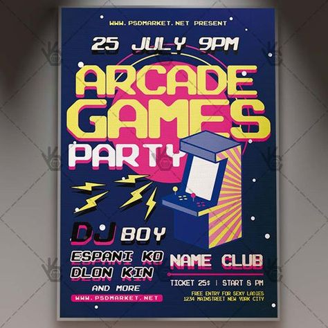 Arcade Game Flyer - PSD Template - Flyer Templates - Free PSD Templates Modern Flyer Design, Pubmat Ideas, Game Themes, Flyer Poster, Psd Template Free, Poster Templates, Arcade Game, Graphic Design Fun, Graphic Design Resources