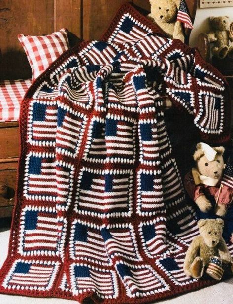 "Buy 4 patterns and get 1 FREE. Add all 5 to your cart and enter the coupon code SAVE20 Express your Proud American Spirit by crocheting a rousing salute to Old Glory! Squares Of American flags create the Patriotic wrap. Perfect for your 4th of July celebrations or American Decor! Approx. finished size will be 50\" x 66\" See photos for materials listed to make this beautiful blanket. Click the link to see all my afghan patterns! https://www.etsy.com/shop/nightowlcreates?ref=seller-platform-mcna Motifs Afghans, American Flag Blanket, Afghan Crochet Pattern, Afghan Squares, Vintage Crochet Pattern, Crochet Vintage, Afghan Crochet, Afghan Patterns, Crochet Afghans