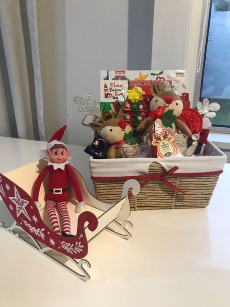 Eld on the shelf arriving on sleigh with december 1st box 1st Of December Boxes, 1st December Boxes, Elf On The Shelf Santa Sleigh, Elf On The Shelf Carrying Case, December 1st Box Ideas, Sledding Elf On The Shelf, Elf Sledding Shelf Ideas, Elf On The Shelf Snow Angle, Xmas Elf