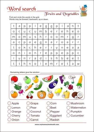 Word search - Fruits and vegetables - Free Printable Worksheet Nutrition Worksheets, Word Puzzles For Kids, Kindergarten Phonics Worksheets, English Activities For Kids, Learning English For Kids, English Worksheets For Kids, Printables Free Kids, Kids English, Kids Math Worksheets