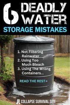 To a prepper, having a well-thought-out water storage plan and putting it into practice is critical. Storing water should consist of four parts: Having access to water or knowing how to find it, having the ability to filter and purify water, means of transporting water, and proper storage facilities. In this article, we'll concentrate on the last part, water storage, because there are a lot of simple mistakes that can be made and if you make them, the consequences could prove deadly. Water Collection System, Survival Skills Emergency Preparedness, Purify Water, Storing Water, Emergency Prepardness, Survival Skills Life Hacks, Emergency Preparedness Kit, Homesteading Skills, Survival Life Hacks