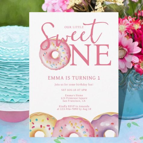 Donut Sweet One 1St Birthday Party Invitation #zazzle #weddinginvitations #birthdayinvitations #babyshowerinvitations #zazzleinvitations #monogram #businesscards #graduation #homedecor Sweet One Birthday Party, Sweet One 1st Birthday, Sweet One Birthday, Donut Themed Birthday Party, Cute Birthday Party, Birthday Donuts, Pink Donut, Purple Girl, 1st Birthday Party Invitations