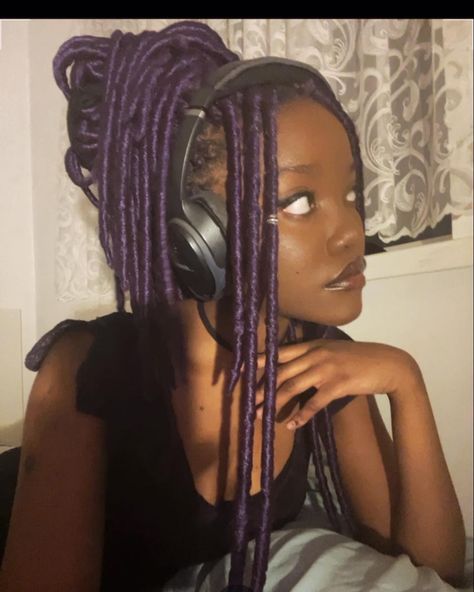 alt gothic black girl side profile purple faux locs messy bun Black And Purple Locs Black Women, Colored Braids Aesthetic, Purple Dreadlocks Black Women, Black And Purple Faux Locs, Purple Faux Locs Black Women, Faux Locs Side Part, Black Woman With Purple Hair, Dreads Side Profile, Black Women Purple Hair