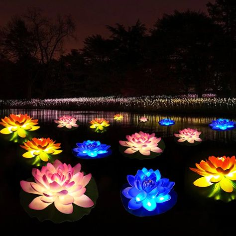 Garden Pool Decorative Lotus Solar Lights,Great idea for water surface decoration View more solar lights Pool Wedding Decorations, Grass Driveway, Aarti Singh, Solar Flower Lights, Lotus Wallpaper, Beautiful Christmas Scenes, Room Hanging Lights, Pool Wedding, Solar Flower