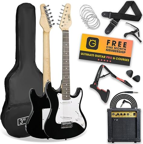 3rd Avenue XF 3/4 Size Electric Guitar Ultimate Kit with 10W Amp, Cable, Stand, Gig Bag, Strap, Spare Strings, Picks, Capo – Black Electric Guitar Kits, Online Music Lessons, Guitar Kits, Guitar Stand, Music School, Online Lessons, Guitar For Beginners, Online Tutoring, Starter Pack