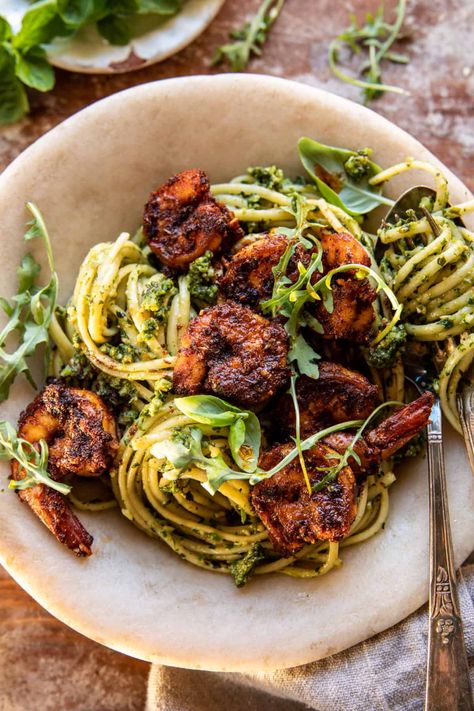 Cajun Garlic Butter Shrimp with Creamy Pesto Pasta | halfbakedharvest.com Shrimp Veggie Pasta, Pasta Recipes Pesto, Pesto Recipes Dinner, Basil Shrimp, Winter Pasta, Spicy Garlic Shrimp, Cajun Shrimp Recipes, Creamy Pesto Pasta, Creamy Pesto Sauce