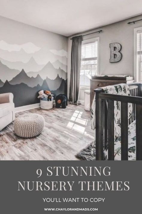 Dark Gender Neutral Nursery, Dark Grey Nursery Ideas, 2023 Nursery Themes, Neutral Mountain Nursery, Nursery With Grey Furniture, Gray And Blue Nursery, Library Nursery Theme, Nursery Themes 2023, Simple Nursery Themes