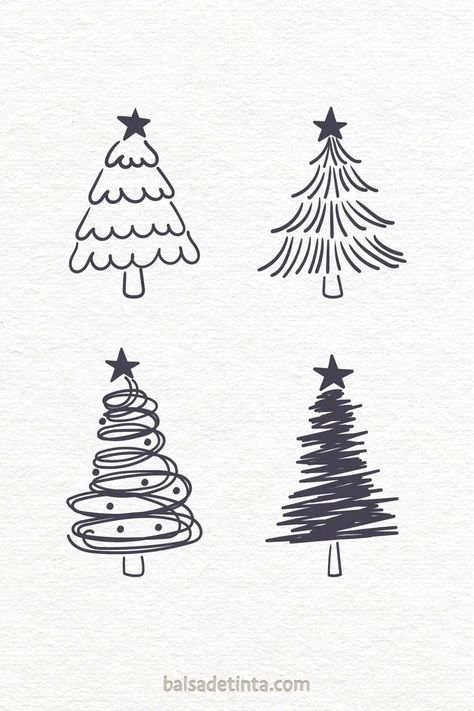 Cuatro ilustraciones de árboles de Navidad en distintos estilos de líneas negras sobre fondo blanco. How To Draw Merry Christmas, Traceable Christmas Drawings, Merry Christmas Drawings Easy, Simple Holiday Drawings, Holiday Graphic Design Inspiration, Christmas Small Drawings, Easy Xmas Drawings, Christmas Tree Drawing Simple, Christmas Cards Drawing Simple