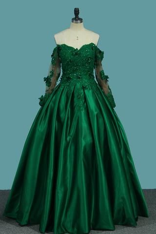 Long Sleeve Quinceanera Dresses, Long Sleeves Prom Dresses, Long Sleeve Prom, Party Dress Long Sleeve, Green Prom Dress, Vestidos Prom, Satin Prom Dress, Prom Dresses With Sleeves, Prom Dresses Long With Sleeves