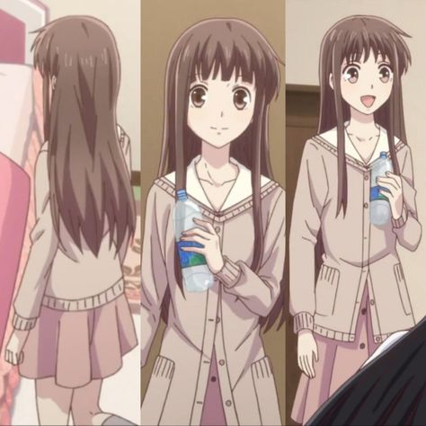 tohru honda wearing tan collared buttondown cardigan, pink skirt, and grey long socks outfit Tohru Honda Outfit Aesthetic, Tohru Honda Inspired Outfits, Tohru Honda Outfit Ideas, Fruits Basket Outfits, Tohru Honda Aesthetic, Tohru Honda Outfit, Shojo Girl Outfit, Shojo Outfits, Toru Honda