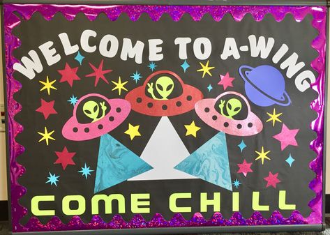 Ra Space Theme, Ra Welcome Board, Welcome Back Bulletin Boards College, Welcome Back Bulletin Board Ideas, Space Theme Bulletin Boards, Alien Bulletin Board, Ra Welcome Bulletin Boards, Purple Bulletin Board, Space Bulletin Board Ideas