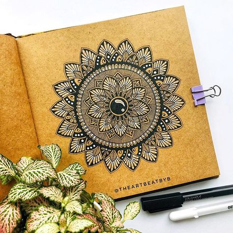 A simple mini mandala this time.. Tried the brown paper sketchbook from @ayushpaper and I am in love with it.. The size is so perfect for… Om Art, Mini Mandala, Mandala Doodle, Stippling Art, Art Beat, Doodle Art Drawing, Mandala Design Pattern, Mandala Art Lesson, Sharpie Art