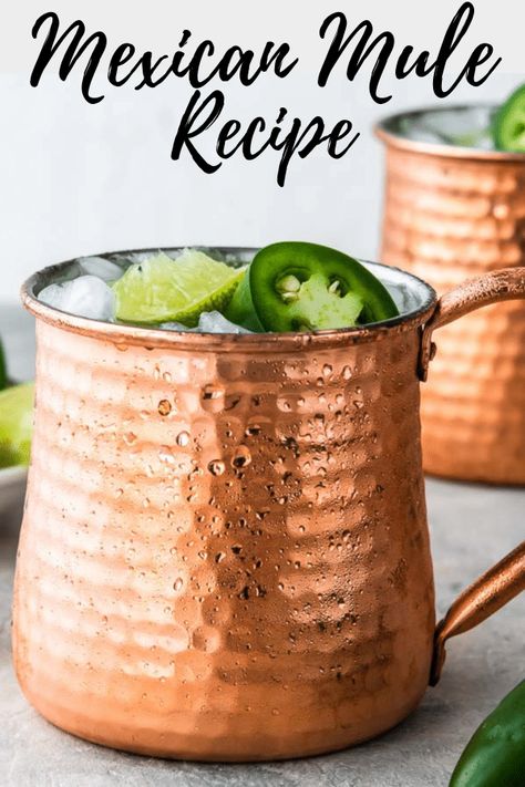 Mexican Mule is a refreshing and lightly spicy cocktail made with tequila, lime, jalapeno, and ginger beer. Similar to a traditional Moscow Mule but uses tequila instead of vodka, with a jalapeno twist! #mexicanmule #tequilamoscowmule #tequila #spicycocktail Spicy Mule Cocktail, Spicy Moscow Mule Recipe, Tequila Ginger Beer Cocktails, Mexican Mule Recipe, Mexican Mule, Whiskey Wednesday, Moscow Mules, Moscow Mule Recipe, Spicy Cocktail