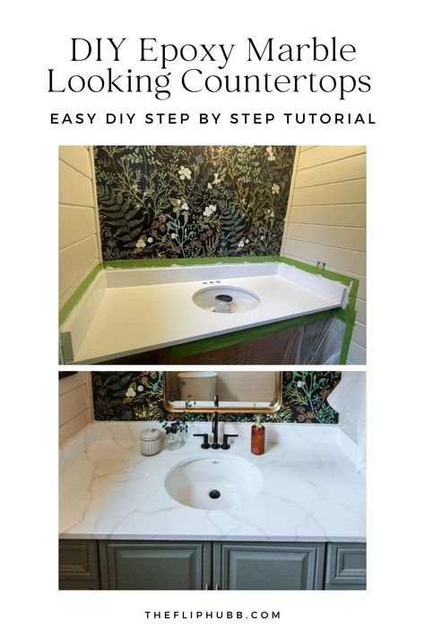 Want to create faux marble countertops in your bathroom? This DIY bathroom project will help you make beautiful fake marble countertops that add a big impact to your space. Learn how to easily transform your bathroom vanity with a marble-look finish. This is the best DIY tutorial for building your own faux marble bathroom countertop, perfect for an affordable and stylish upgrade. Start your bathroom makeover with this simple yet stunning project! Fake Marble Countertops Diy, Bathroom Counter Makeover, Fake Marble Countertops, Faux Marble Bathroom, Marble Bathroom Countertop, Epoxy Bathroom, Faux Marble Countertops, Painted Granite Countertops, Bathroom Countertops Diy