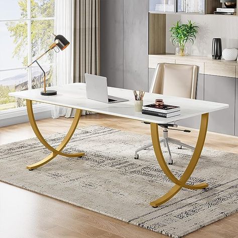 #Amazon #Affiliate Tribesigns Executive Desk, 63” W x 31.5” D Large Office Desk, Modern Computer Desk Conference Table Meeting Room Table, Business Furniture for Home Office, White and Gold