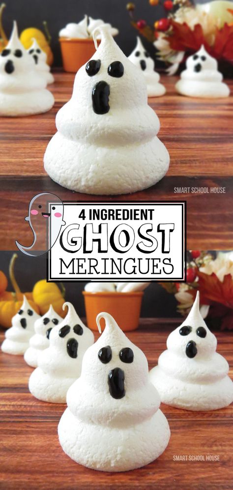 Ghost Meringues ? Meringue Ghost Cookies, Ghost Treats Halloween, Ghost Dessert Ideas, Meringue Ghosts Recipe, Merengue Ghosts, Ghost Food Ideas, Halloween Meringue Cookies, Ghost Snacks, Ghost Cakes