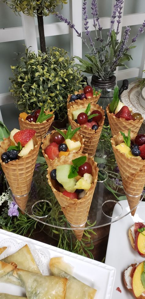 Ice Cream Cone Filling Ideas, Ice Cream Cone Fruit Cups, Fruit In Ice Cream Cone, Ice Cream Cone Charcuterie, Waffle Cone Fruit Cups, Flowers In Ice Cream Cones, Ice Cream Shaped Food, Ice Cream Social Engagement Party, Fruit Waffle Cones