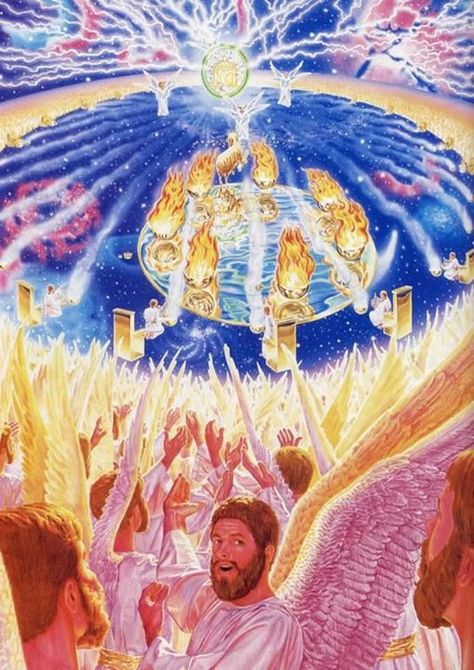 This is the vision of the apostle John in The Revelation. God enabled him "see" into heaven by means of a dream-like vision, to see Jehovah's throne, the 24 elders (anointed ones from the earth who are part of God's kingdom government), and the angelic hosts. Biblical Artwork, Revelation Bible, Jehovah Witness Quotes, Prophetic Art, Bible Pictures, Christian Symbols, Biblical Art, The Secret Book, Bible Knowledge