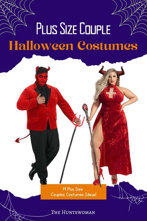 Purple Graphic with text "Plus Size Couple Halloween Costumes" and then smaller text that reads "19 Plus Size Couples Costumes Ideas." The graphic shows an image of a couple in costume, the man in a red and black devil costume with pitchfork, horn and tails and and the plus size woman in a red devil costume with a scepter and red heels. Couples Costumes Plus Size, Plus Size Halloween Couples Costumes, Big Guy Costume Ideas, Halloween Costumes Couples Plus Size, Plus Size Men Halloween Costumes, Plus Size Couple Halloween Costumes, Big Guy Halloween Costume, Couple Halloween Costumes Plus Size, Plus Size Halloween Costumes Couples