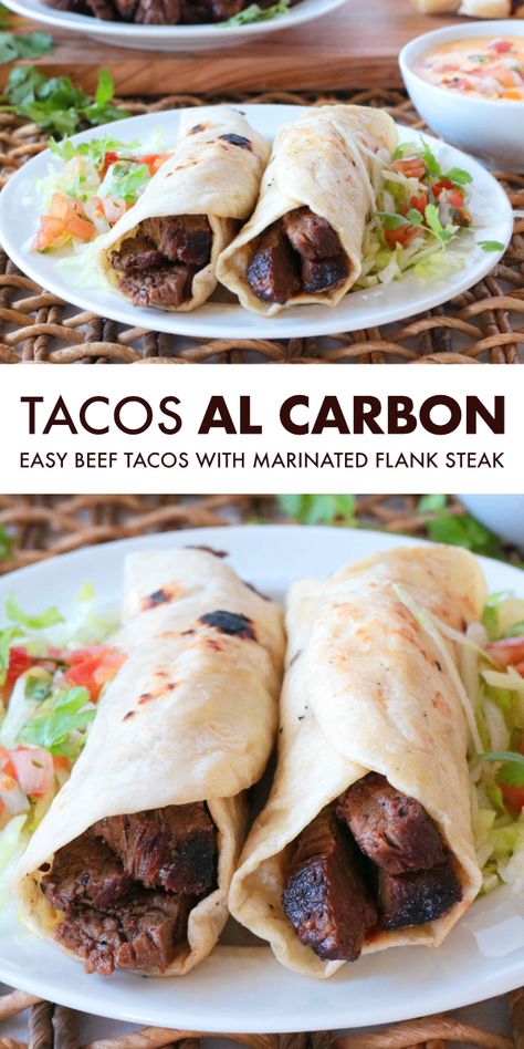 Bring Mexican food home with beef Tacos al Carbon! Made with flank steak cooked on the stovetop, rolled in flour tortillas, and served with a side of queso! This easy steak taco recipe is perfect for quick-fix dinners, and a simple recipe the entire family will love! Tacos Al Carbon, Steak Taco Recipe, Steak Taco, Flank Steak Tacos, Grilled Taco, Marinated Flank Steak, Beef Fajitas, Beef Tacos, Easy Steak