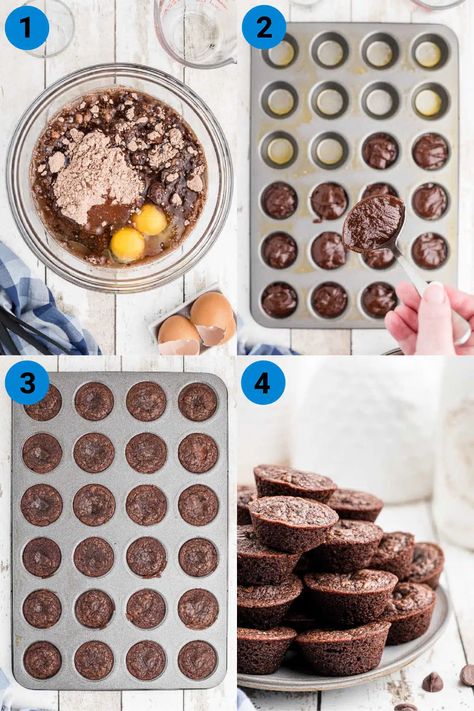 Brownie Bites | Easy Recipe Mini Muffin Brownies, Kids Bake Sale, Two Bite Brownies, Mini Brownie Bites, Brownie Cake Recipe, Hot Chocolate Brownies, Brownie Mix Recipes, Brownie Bites Recipe, Winter Snack