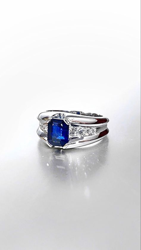 “Royal Blue” certified Sapphire from Sri Lanka is centre stone for this stylish ring. The step cut gem is flanked by flawless white diamonds for contrast and added sparkle. S Ring, Jewelry Design Drawing, Mens Rings, Sapphire Rings, Bold Rings, Stylish Rings, Step Cut, Men Diamond Ring, Gem Stones