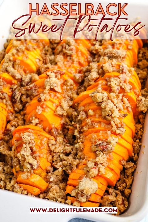 EASY Hasselback Sweet Potatoes Recipe | Delightful E Made Hasselback Sweet Potato, Hassleback Sweet Potatoes, Brown Sugar Sweet Potatoes, Hasselback Sweet Potatoes, Sweet Potato Oven, Sweet Potato Pecan, Sweet Potatoes Recipe, Brown Sugar Recipes, Sweet Potato Slices