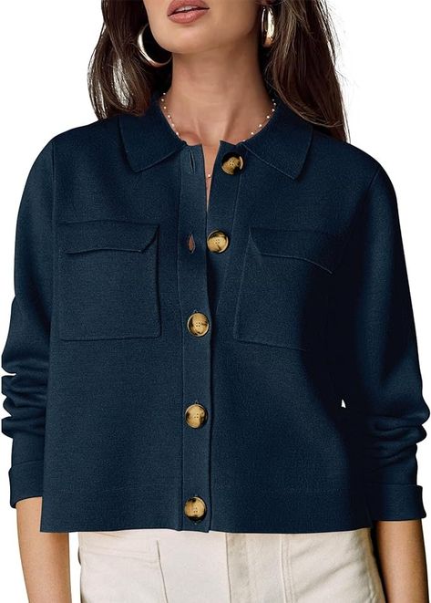 Shy Velvet Women 2024 Shackets Jacket Patch-Pocket Sweaters Merino Cardigan Open Front Button Down Cropped Jackets Navy Blue at Amazon Women’s Clothing store Cropped Jackets, Core Wardrobe, Pocket Sweater, Patches Jacket, Amazon Women, New Wardrobe, Crop Jacket, Front Open, Patch Pocket