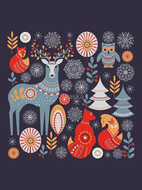 "Scandinavian Christmas pattern on a red background. Deer, owls, foxes, trees and grass, snowflakes. Folklore style." T-shirt by Skaska | Redbubble Scandinavian Christmas Illustration, Christmas Prints And Patterns, Folklore Style, Modern Folk Art, Arte Folk, Scandinavian Pattern, Scandinavian Folk Art, Nordic Christmas, Scandinavian Art